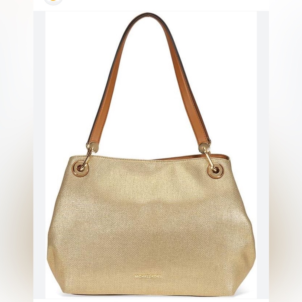 Michael Kors Large Raven Tote Handbag Purse Metallic Gold Canvas Leather Trim